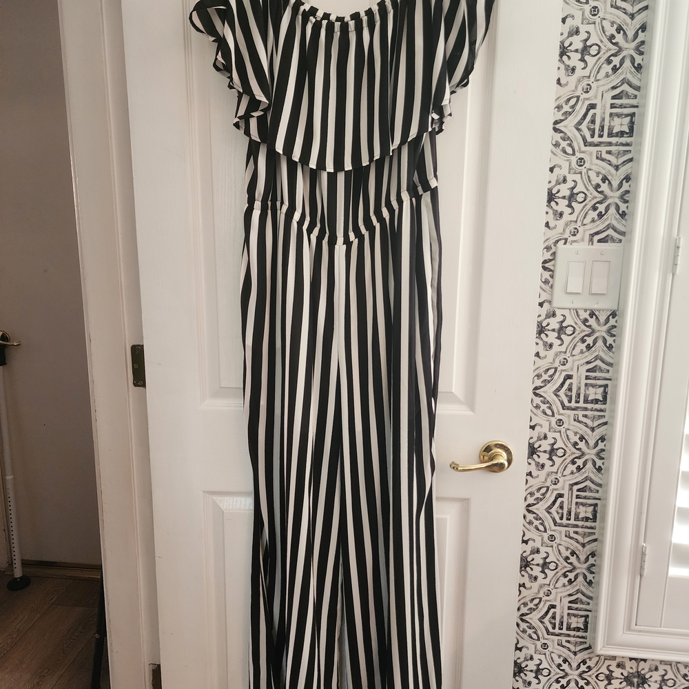 New York & Company Black and White Striped Jumpsuit